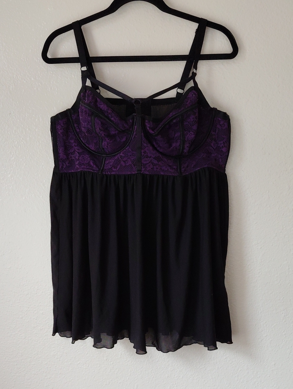 Torrid- Women's 2X Purple Lace & Black Chiffon Babydoll Cami Plus Size